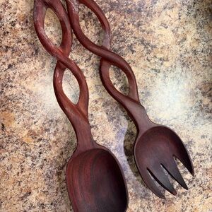 Hand-Carved Wooden Salad Servers - Twisted Handle, Deep Mahogany